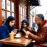 ** "A cozy Turkish cafe scene, with people reading web novels on their tablets and phones, sipping Turkish coffee. Incorporate elements of modern Istanbul."

**