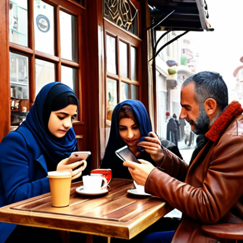 Home 15 ** "A cozy Turkish cafe scene, with people reading web novels on their tablets and phones, sipping Turkish coffee. Incorporate elements of modern Istanbul."
**