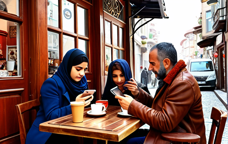 ** "A cozy Turkish cafe scene, with people reading web novels on their tablets and phones, sipping Turkish coffee. Incorporate elements of modern Istanbul."
**