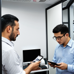 ** A modern office in Istanbul. Employees are scanning Korean documents with their smartphones, and the OCR app instantly translates the text to Turkish. The scene should depict a bustling, efficient work environment.

**