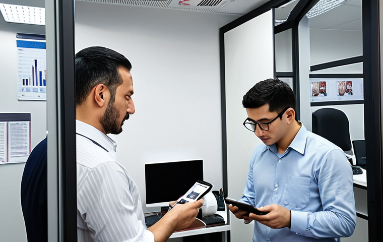 ** A modern office in Istanbul. Employees are scanning Korean documents with their smartphones, and the OCR app instantly translates the text to Turkish. The scene should depict a bustling, efficient work environment.
**